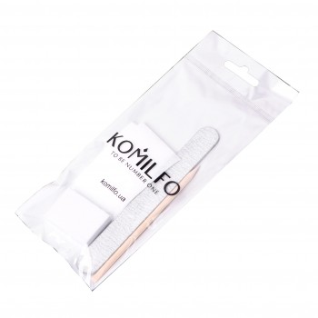 Komilfo одноразовый набор №4 пилочка-капля 150/150, баф 100/180, апельсиновая палочка, 10 безворсов