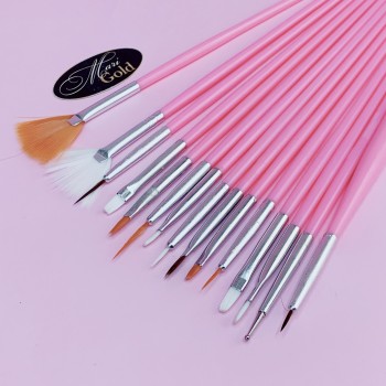 Набір пензлів 15 шт для дизайну Vicky Nail рожева ручка