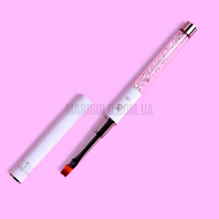 Пензель №6 прямий для гелю (білий, ручка з кристалами)